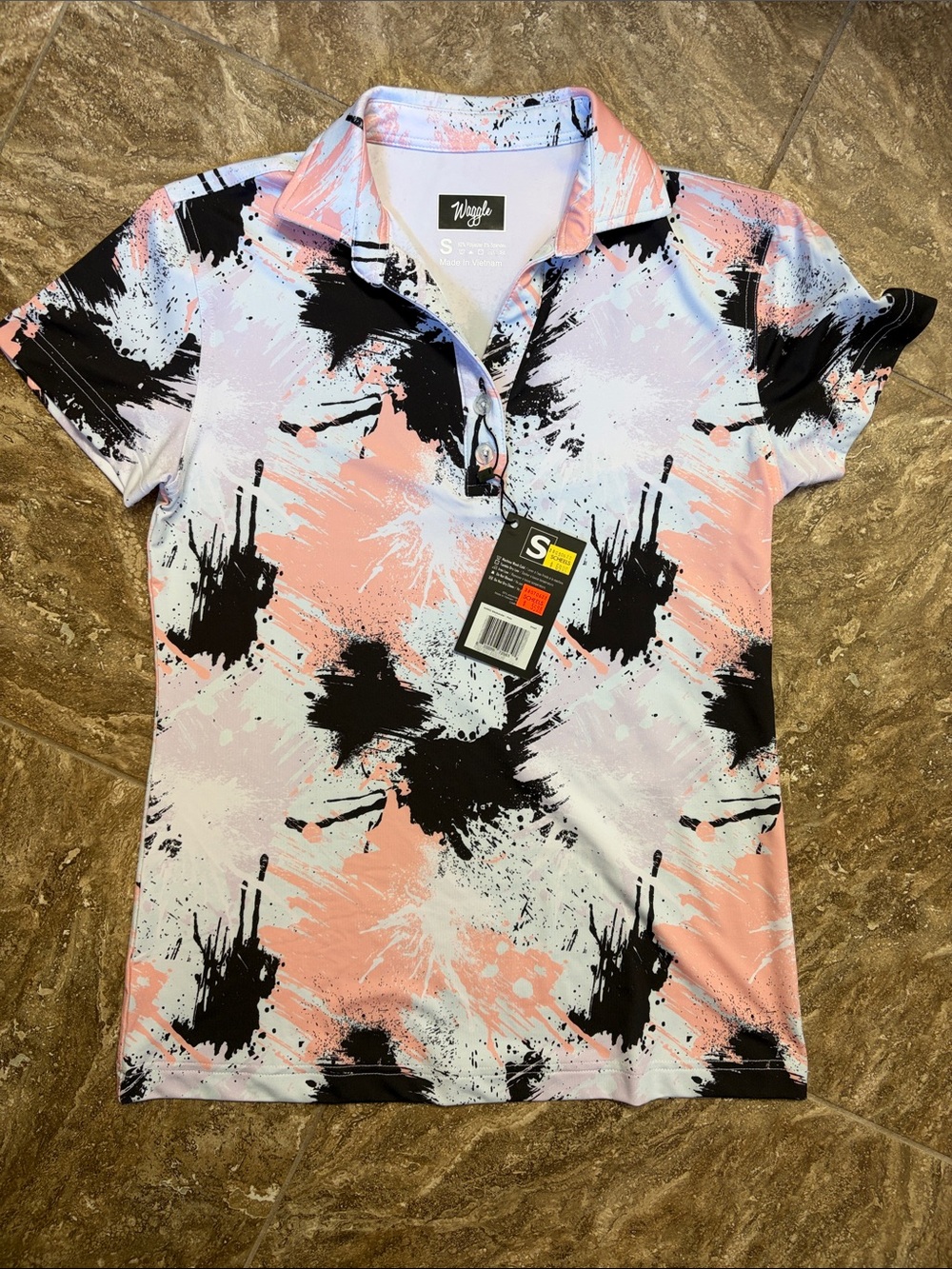 Waggle Women’s Short Sleeve Golf Tee - Pink, Black & White Splash
